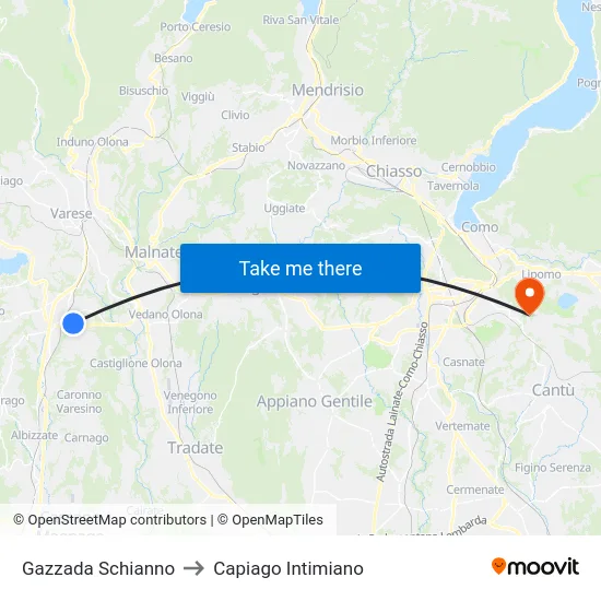 Gazzada Schianno to Capiago Intimiano map