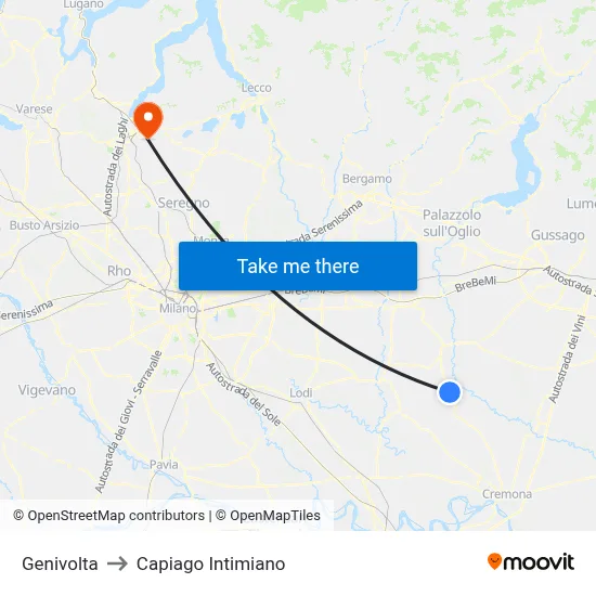 Genivolta to Capiago Intimiano map