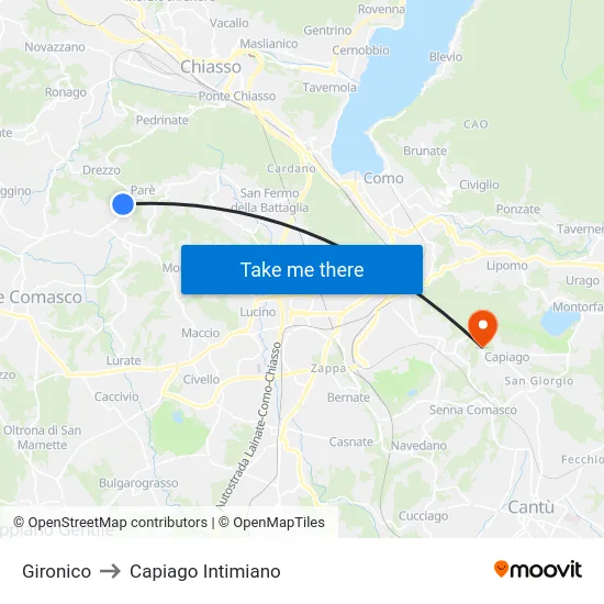 Gironico to Capiago Intimiano map