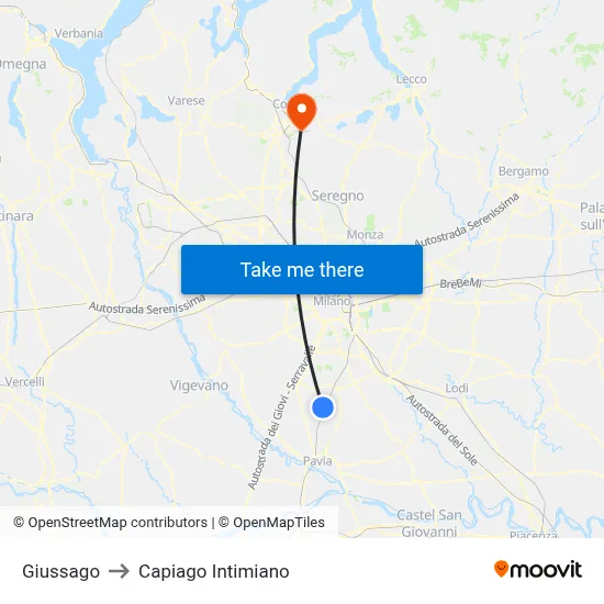 Giussago to Capiago Intimiano map