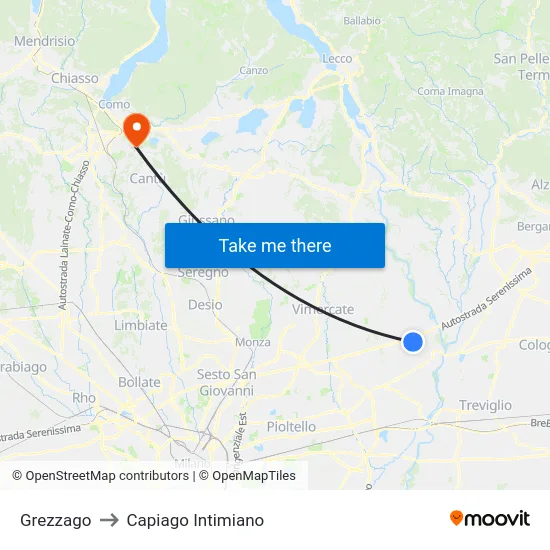 Grezzago to Capiago Intimiano map