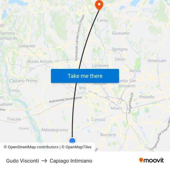 Gudo Visconti to Capiago Intimiano map