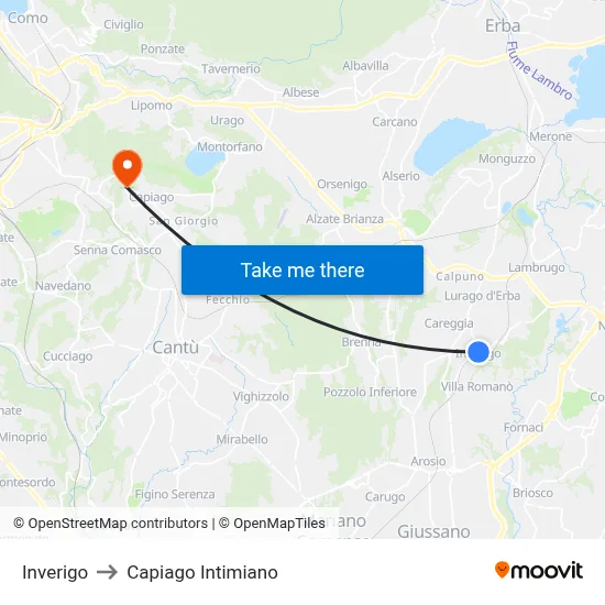 Inverigo to Capiago Intimiano map