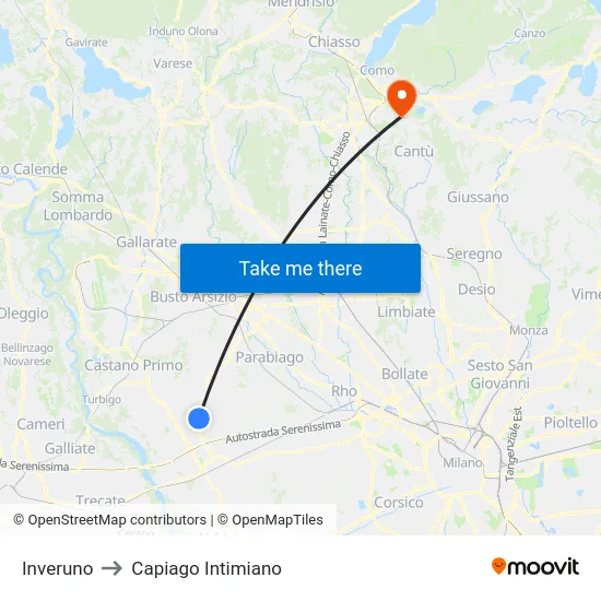 Inveruno to Capiago Intimiano map