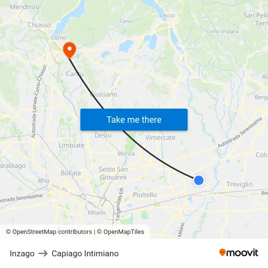 Inzago to Capiago Intimiano map