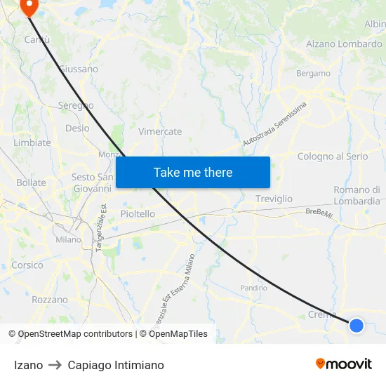 Izano to Capiago Intimiano map