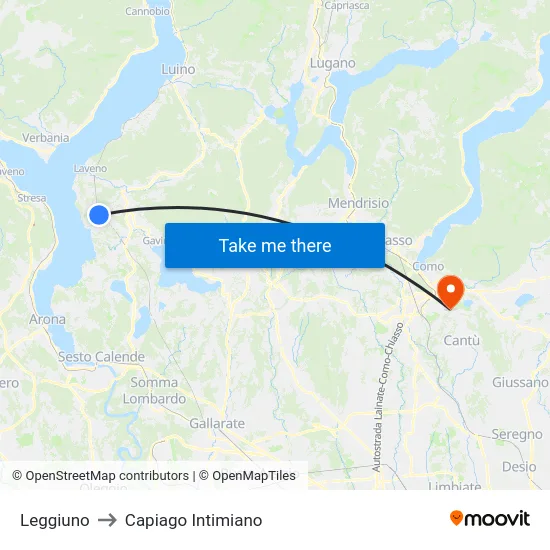 Leggiuno to Capiago Intimiano map