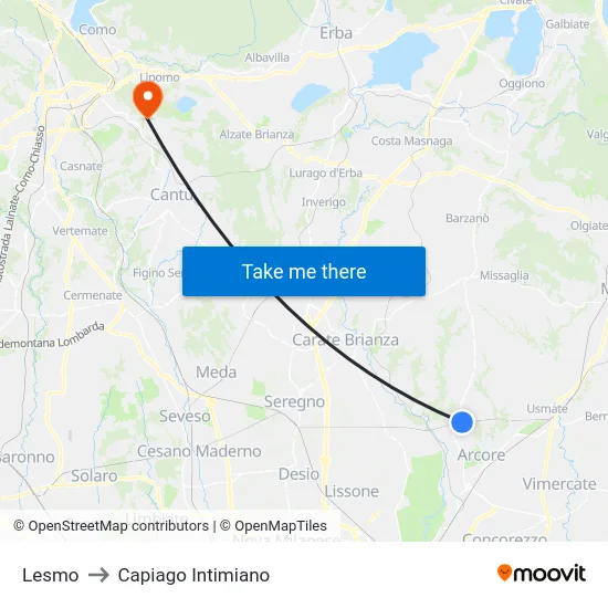 Lesmo to Capiago Intimiano map