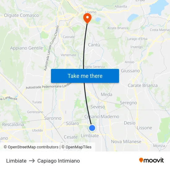 Limbiate to Capiago Intimiano map