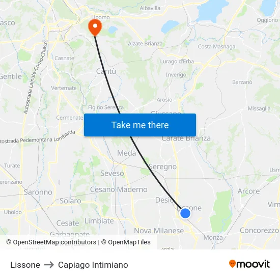 Lissone to Capiago Intimiano map