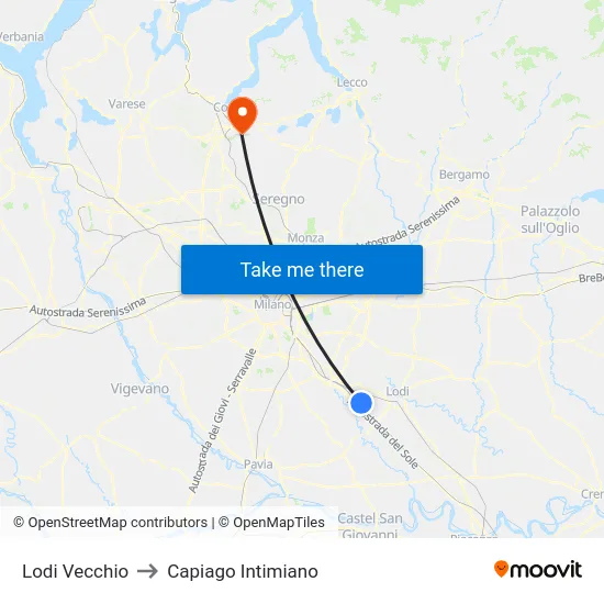 Lodi Vecchio to Capiago Intimiano map