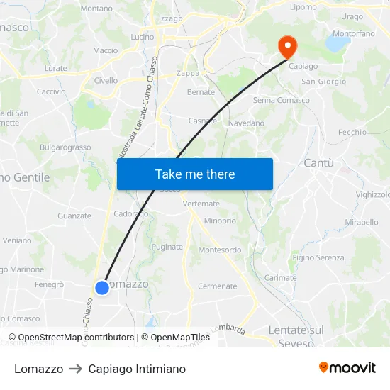 Lomazzo to Capiago Intimiano map