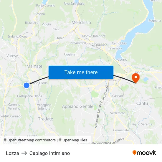 Lozza to Capiago Intimiano map