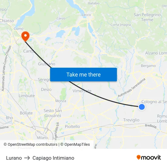 Lurano to Capiago Intimiano map