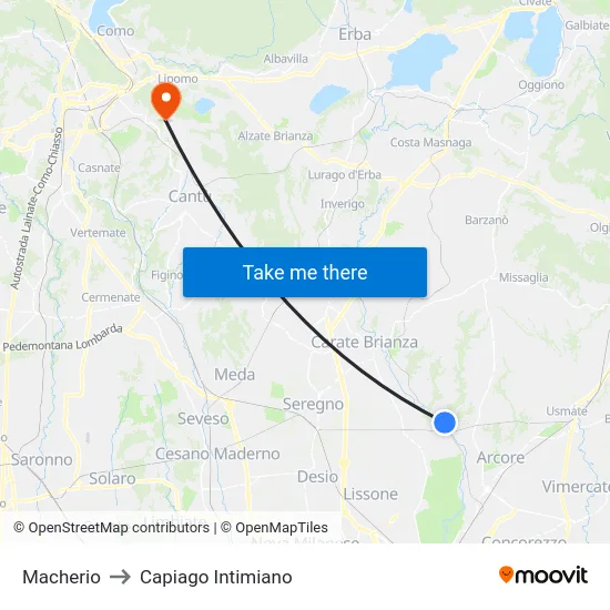 Macherio to Capiago Intimiano map