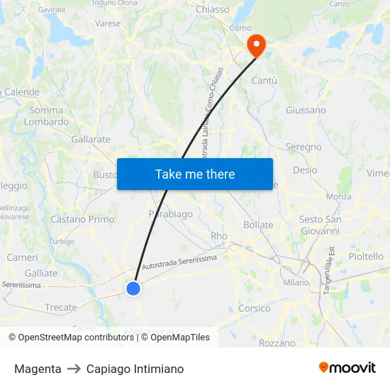 Magenta to Capiago Intimiano map