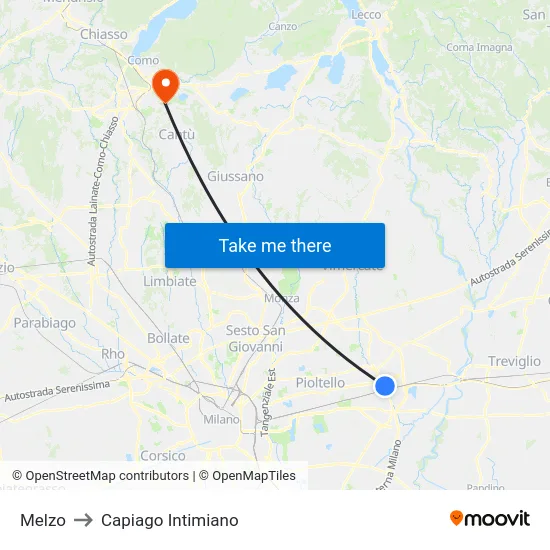 Melzo to Capiago Intimiano map