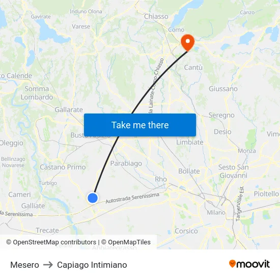 Mesero to Capiago Intimiano map