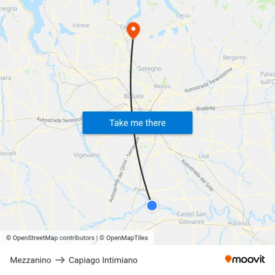 Mezzanino to Capiago Intimiano map