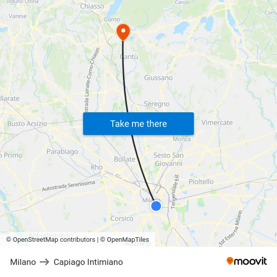Milano to Capiago Intimiano map
