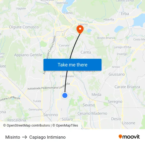 Misinto to Capiago Intimiano map