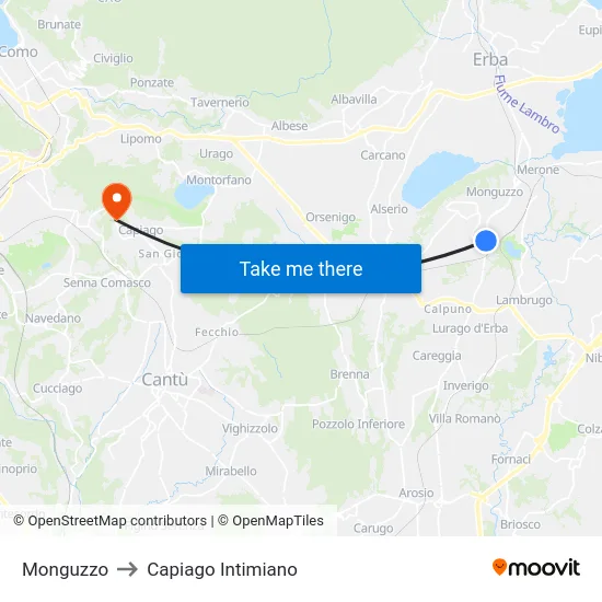 Monguzzo to Capiago Intimiano map