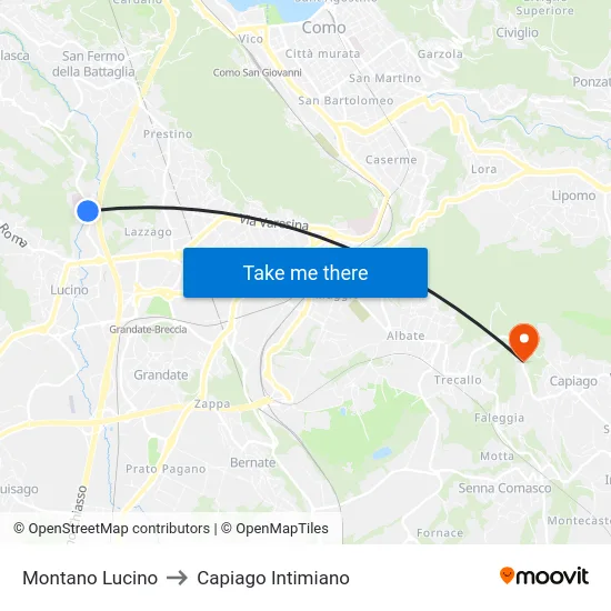 Montano Lucino to Capiago Intimiano map