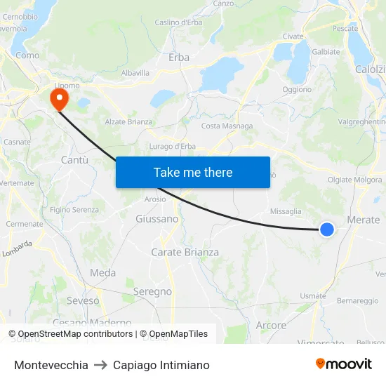 Montevecchia to Capiago Intimiano map