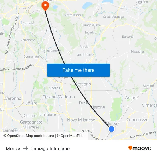 Monza to Capiago Intimiano map