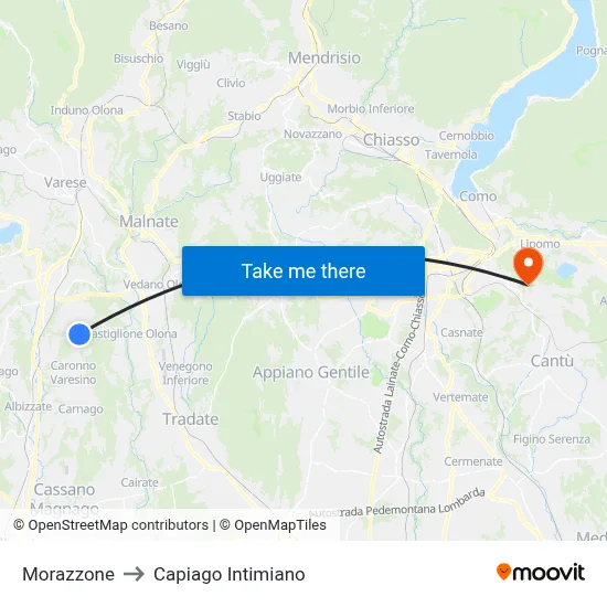Morazzone to Capiago Intimiano map