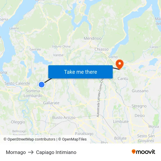 Mornago to Capiago Intimiano map