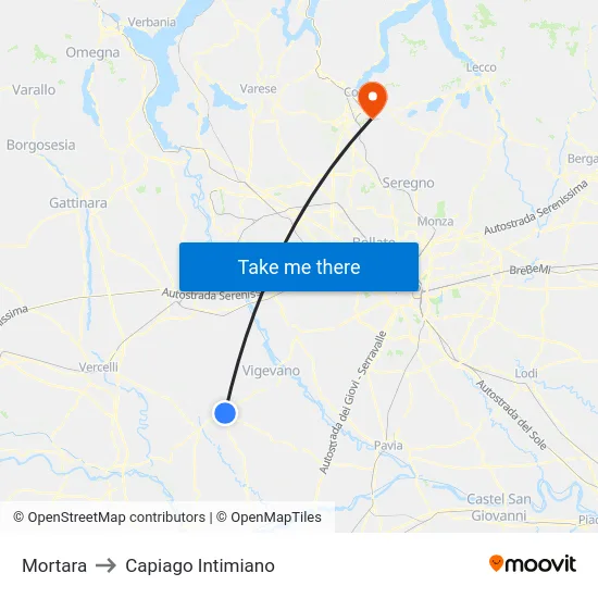 Mortara to Capiago Intimiano map