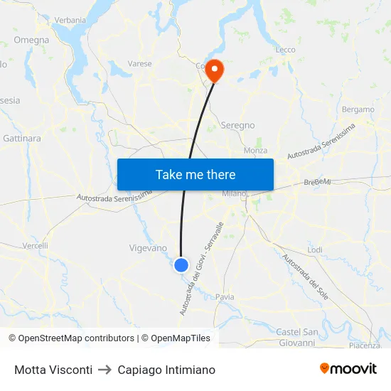 Motta Visconti to Capiago Intimiano map