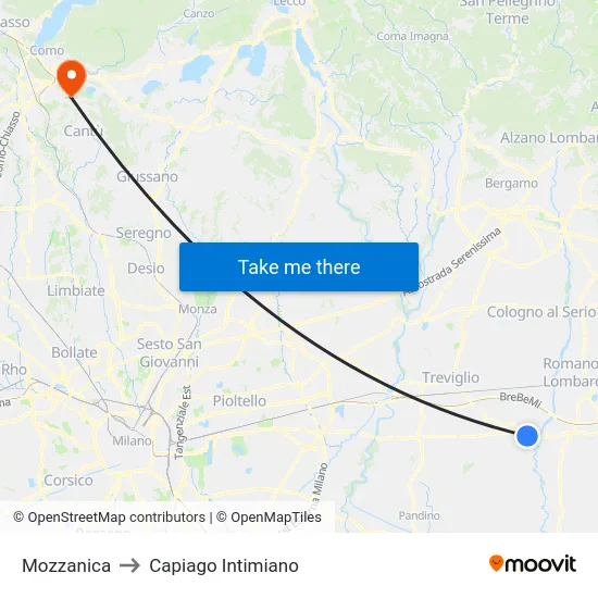 Mozzanica to Capiago Intimiano map