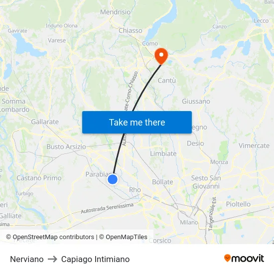 Nerviano to Capiago Intimiano map
