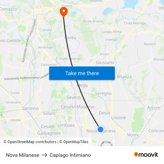 Nova Milanese to Capiago Intimiano map