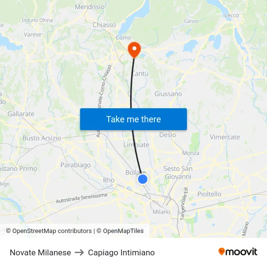 Novate Milanese to Capiago Intimiano map