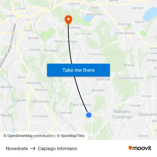 Novedrate to Capiago Intimiano map
