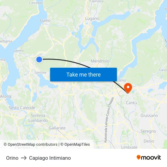 Orino to Capiago Intimiano map