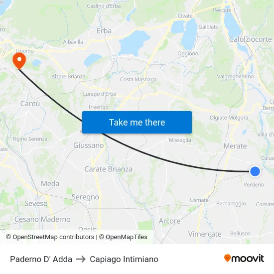 Paderno D' Adda to Capiago Intimiano map
