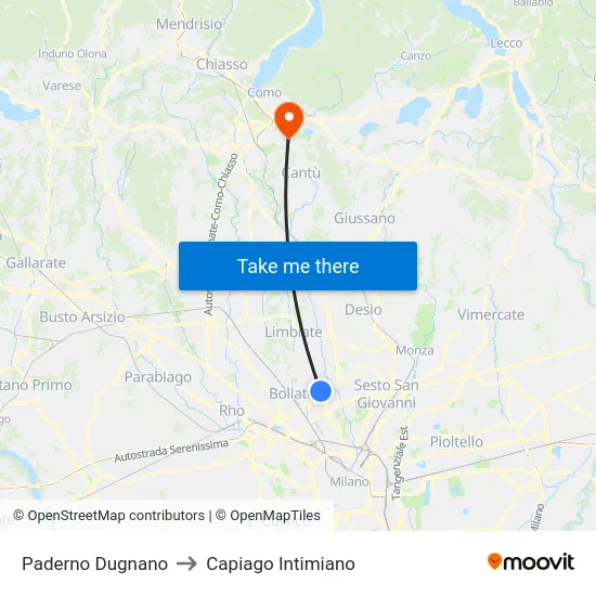 Paderno Dugnano to Capiago Intimiano map