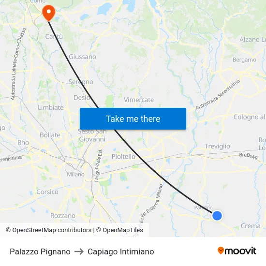 Palazzo Pignano to Capiago Intimiano map