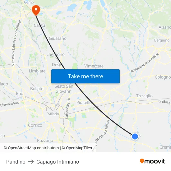 Pandino to Capiago Intimiano map