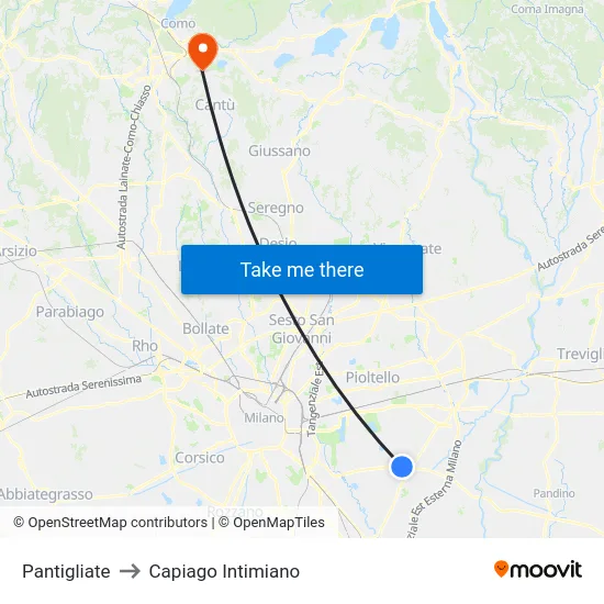 Pantigliate to Capiago Intimiano map
