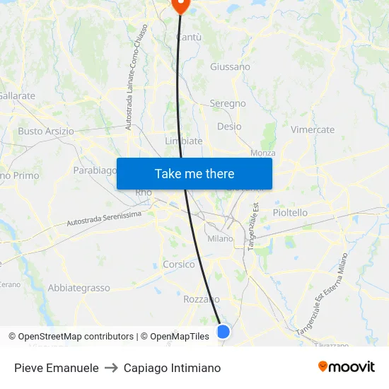 Pieve Emanuele to Capiago Intimiano map