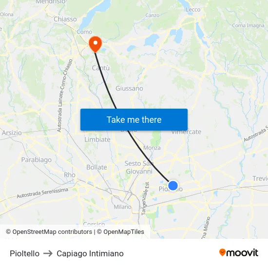 Pioltello to Capiago Intimiano map