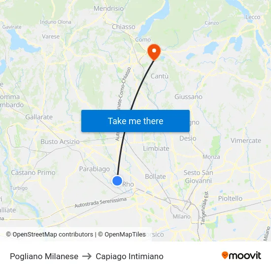 Pogliano Milanese to Capiago Intimiano map