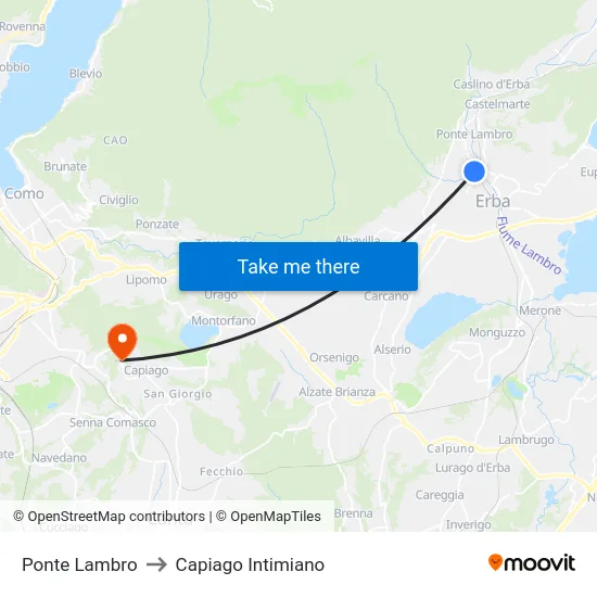 Ponte Lambro to Capiago Intimiano map