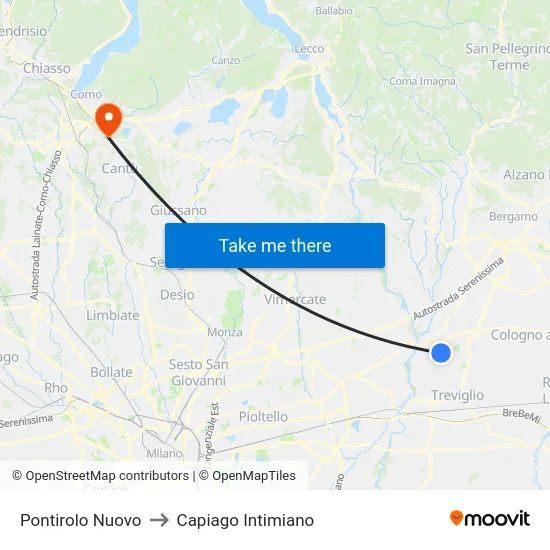 Pontirolo Nuovo to Capiago Intimiano map