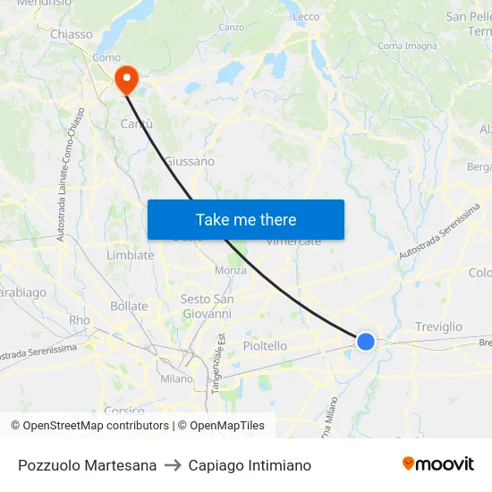 Pozzuolo Martesana to Capiago Intimiano map